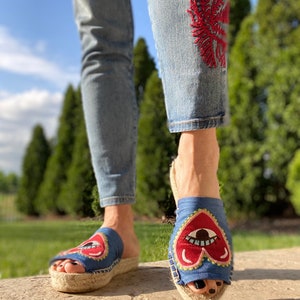 Handmade Jean Slip-on Sandals: Embroidered Jute Platform, Eco Friendly
