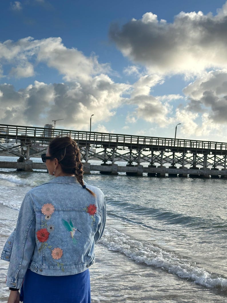 Boho Embroidered Denim Jacket: Handmade Hummingbird Floral Jean Jacket ...