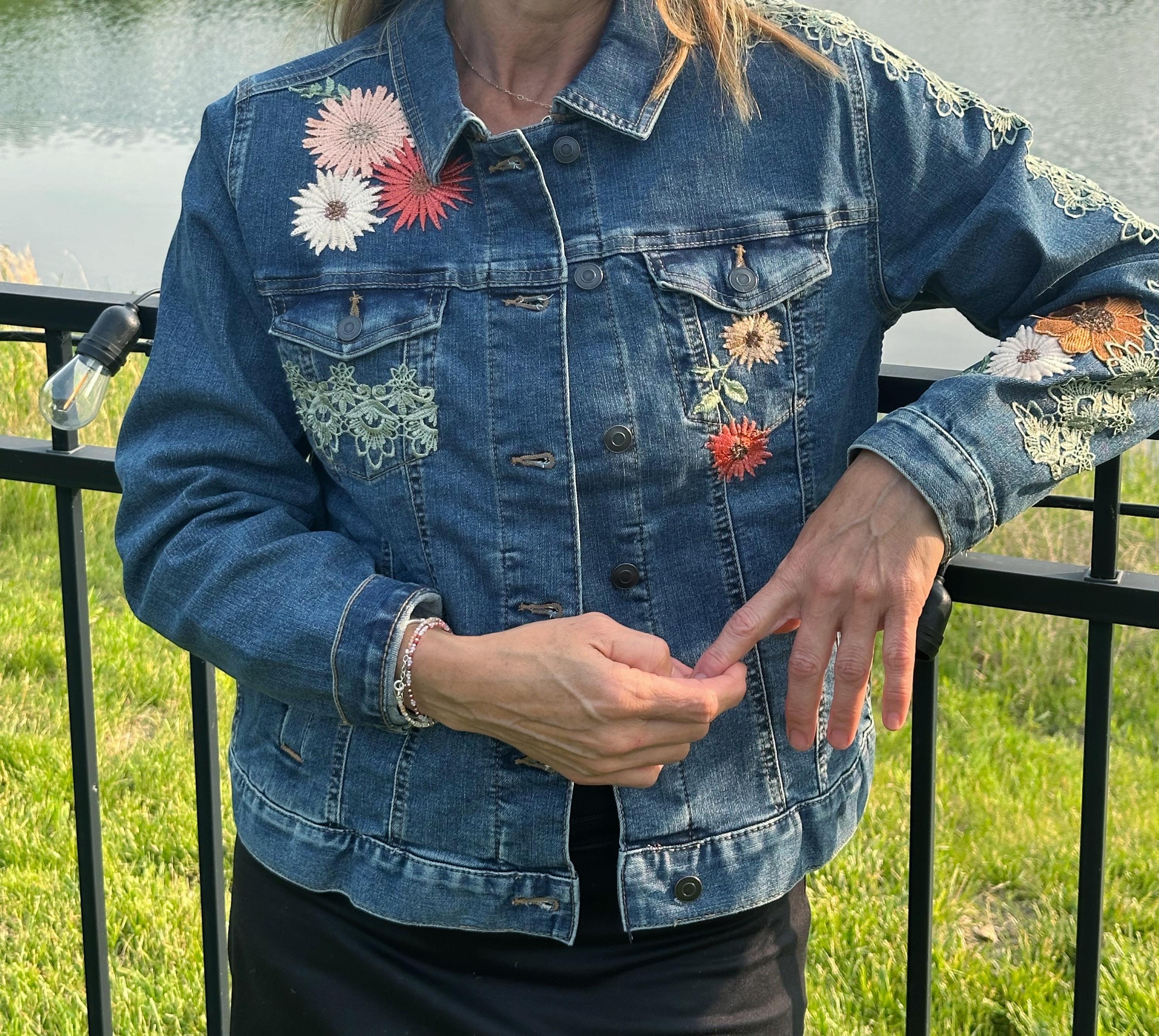 Boho Embroidered Denim Jacket: Handmade Hummingbird Floral Jean Jacket ...