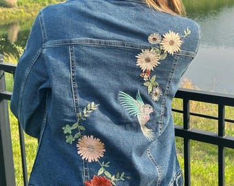 Boho Embroidered Denim Jacket: Handmade Hummingbird Floral Jean Jacket