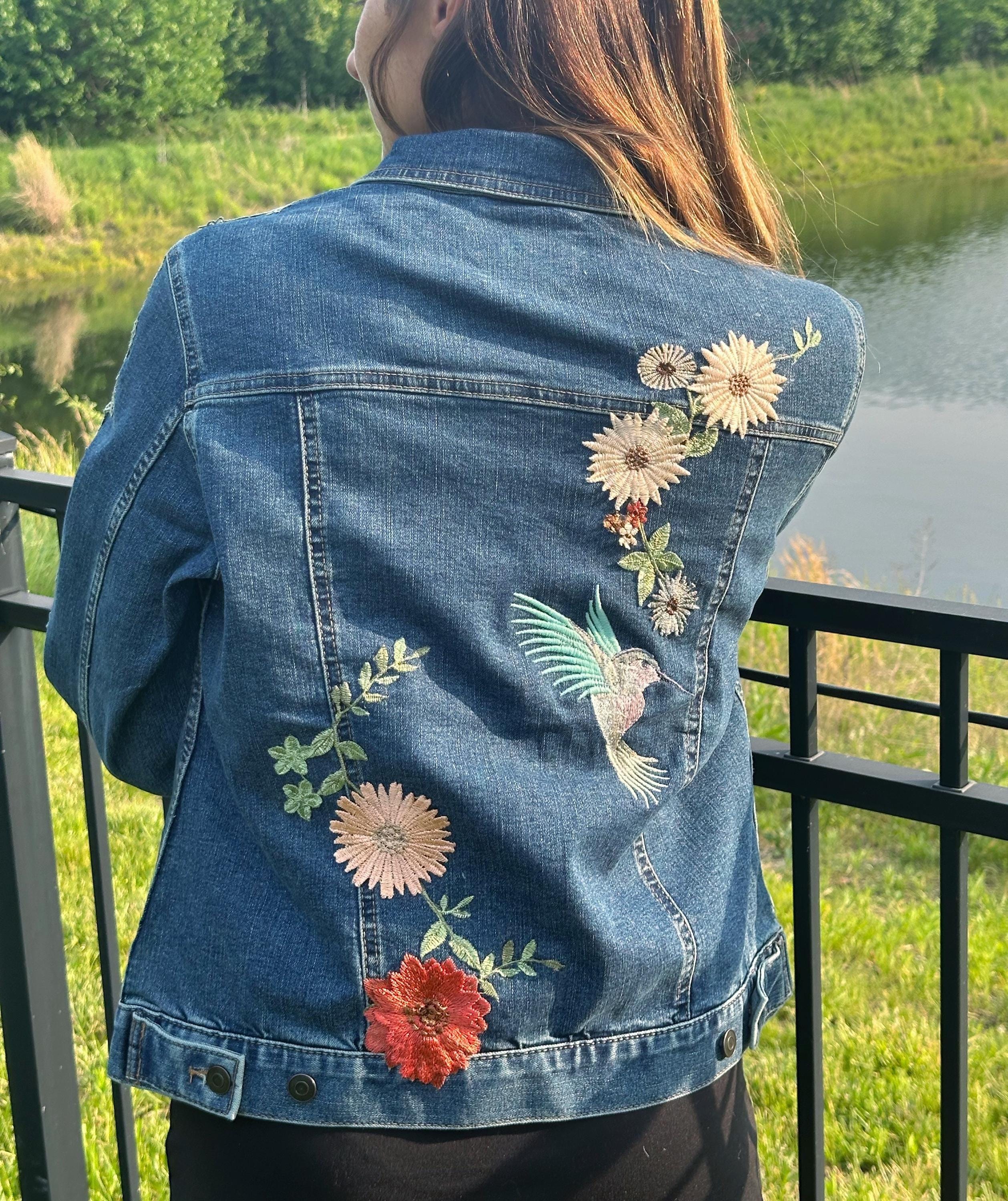 Boho Embroidered Denim Jacket: Handmade Hummingbird Floral Jean Jacket ...
