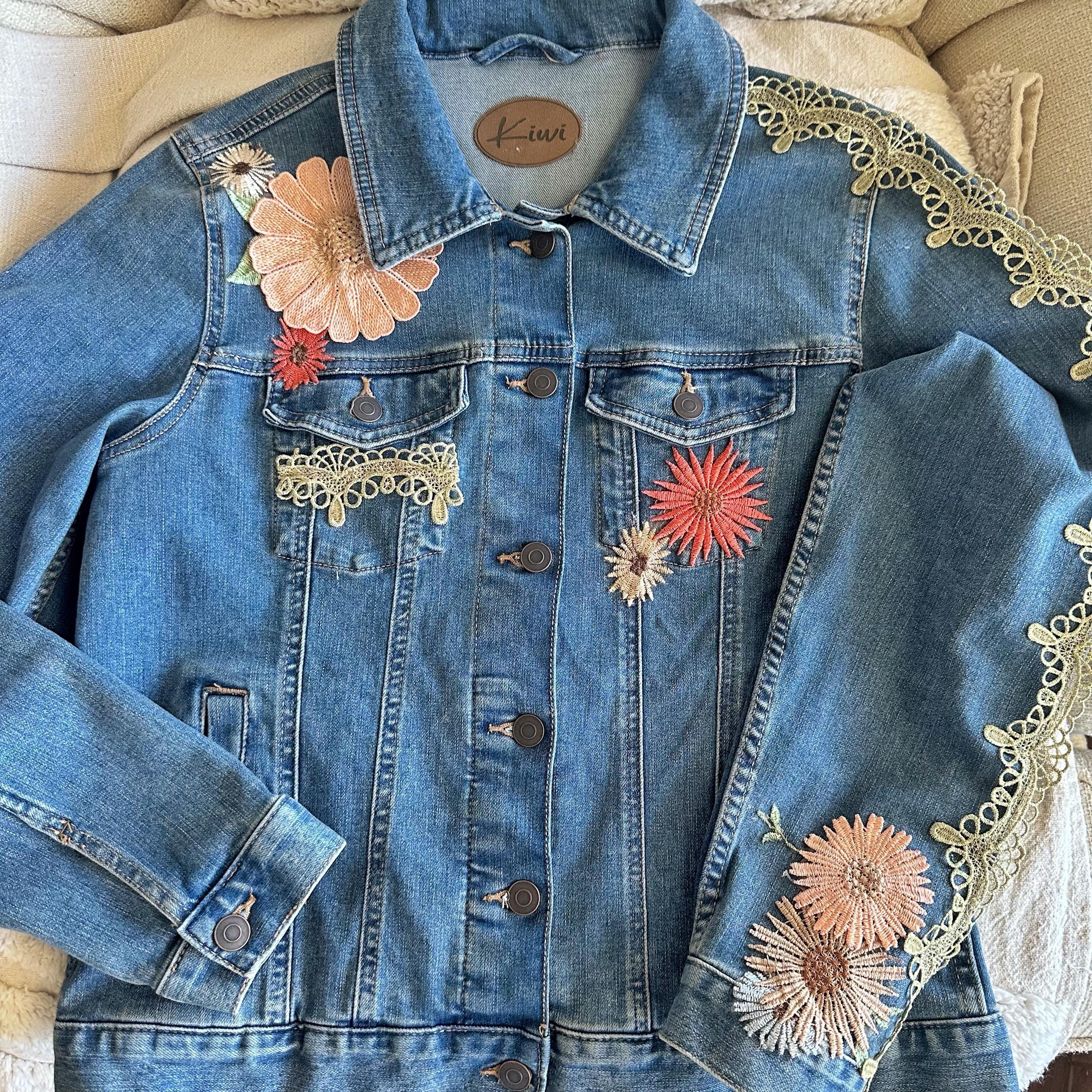 Boho Embroidered Denim Jacket: Handmade Hummingbird Floral Jean Jacket ...