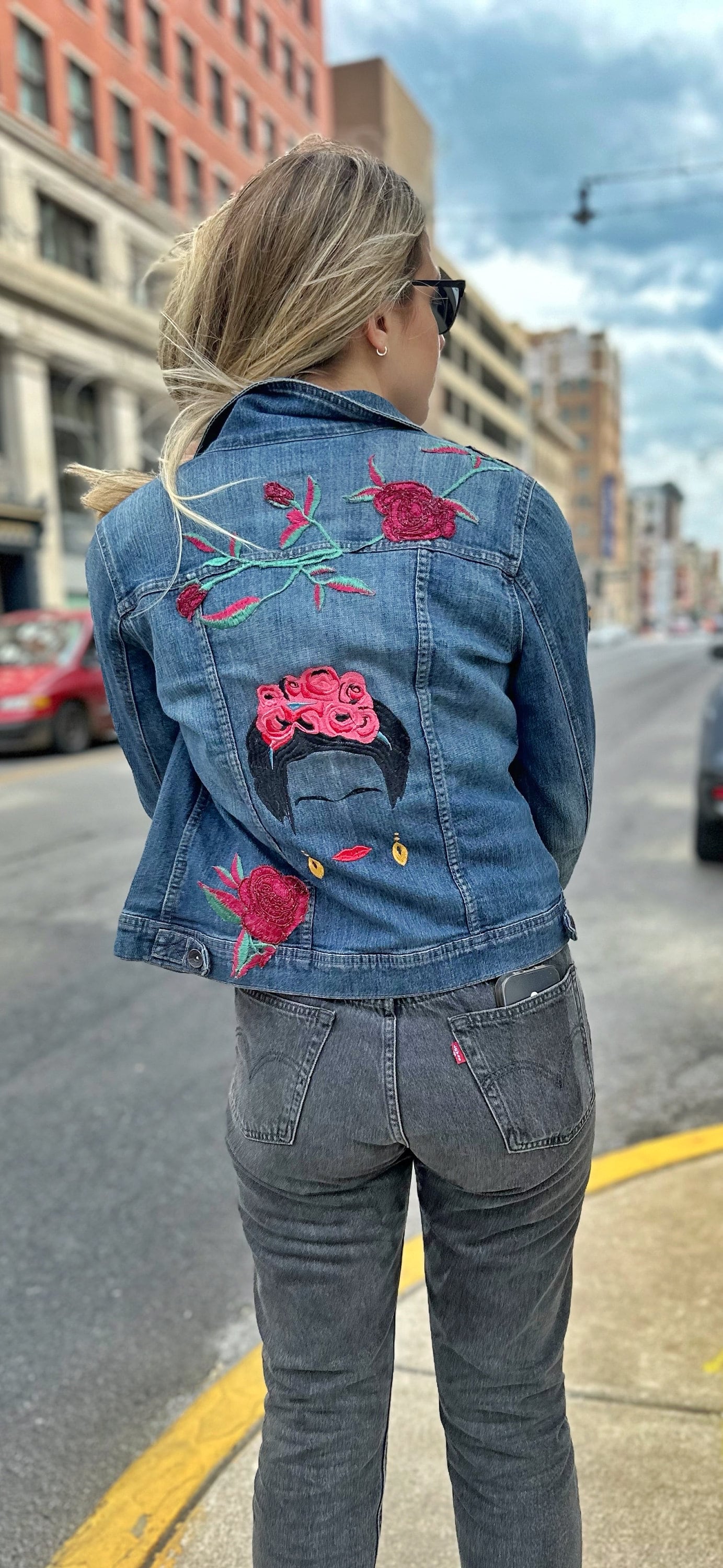 Hand-embroidered Denim Jacket: Frida Kahlo Rose Appliqué, Artisan