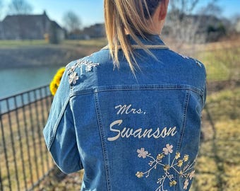 Bride Embroidered Jean Jacket for Boho Bride, Bohemian Jean Jacket for Wedding.