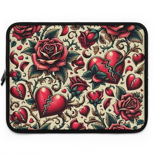 Laptop Sleeve - Cool Tattoo Style Broken Heart Design, Gothic Emo Tech Accessory, Personalized Laptop Case, Unique Tablet Cover