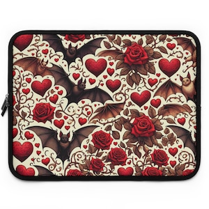 Laptop Sleeve - Gothic Bats & Roses Design, Unique Tech Accessory, Halloween Floral Pattern Cover, Protective Case Gift