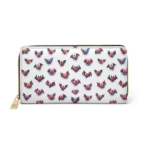 Cartera con cremallera / Diseño de murciélagos de San Valentín / Cartera gótica para mujer / Monedero romántico con estampado único de murciélago vampiro