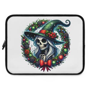 Funda para computadora portátil con diseño de bruja navideña, funda para computadora portátil navideña, funda festiva para tableta, accesorios tecnológicos de brujas, funda para computadora navideña