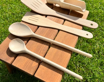 Set van 5 handgemaakte houten keukengerei