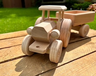 Handmade natural wooden tractor