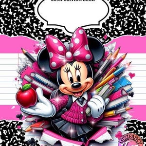 May include: Composition book featuring Minnie Mouse in a school-themed design. Minnie Mouse is holding an apple and surrounded by pencils and books. The cover has a pink and black color scheme with the text "COMPOSITION BOOK".