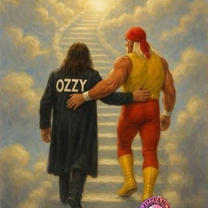 Puede incluir: Una representación artística de dos figuras ascendiendo una escalera hacia una luz brillante en el cielo. Una figura lleva un abrigo negro con "OZZY" en la espalda. La otra figura viste de rojo y amarillo, con una bandana roja. La imagen tiene una cualidad surrealista y onírica.