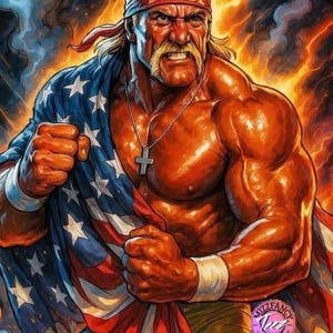 Puede incluir: Ilustración digital de una figura musculosa con expresión severa, usando una bandana roja y dorada con el texto "AMERICAN PRIDE". La figura está envuelta en una bandera estadounidense, con un collar de cruz. El fondo presenta tonos anaranjados y azules ardientes.
