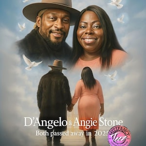Puede incluir: Retrato digital de D'Angelo y Angie Stone, con palomas y un fondo de cielo nublado. La imagen incluye el texto "D'Angelo & Angie Stone" y "Both passed away in 2025". La parte inferior de la imagen muestra los años 1974-2025 y 1961-2025.