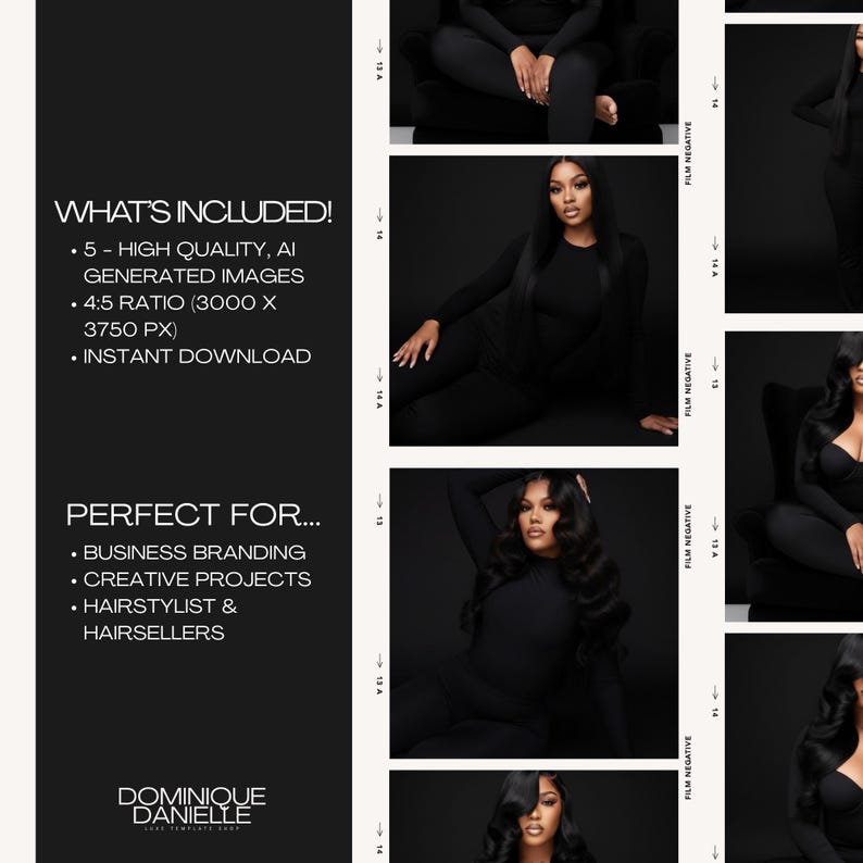 May include: A digital product advertisement featuring a series of images of a woman with long, dark hair. The text on the left side reads "WHAT'S INCLUDED!" and lists 5 high-quality AI-generated images, a 4:5 ratio, and instant download. The text also says "PERFECT FOR..." and lists business branding, creative projects, and hairstylists.