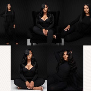 May include: A collage of five images featuring a person wearing a black jumpsuit. The jumpsuit has a sweetheart neckline and long sleeves. The person is in different poses, including sitting, standing, and reclining. The background is black with a subtle wave pattern.