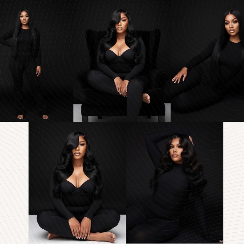 May include: A collage of five images featuring a person wearing a black jumpsuit. The jumpsuit has a sweetheart neckline and long sleeves. The person is in different poses, including sitting, standing, and reclining. The background is black with a subtle wave pattern.