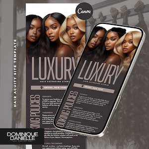 Puede incluir: Imagen promocional para un estudio de extensiones de cabello. El diseño presenta a cuatro mujeres con diferentes colores de cabello. El texto dice "Luxury Hair Extension Studio" e incluye políticas de reserva. La imagen se muestra en un teléfono inteligente.