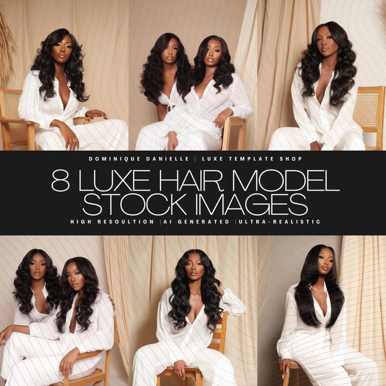 Puede incluir: Ocho im&aacute;genes de archivo de modelos de cabello generadas por IA. Las im&aacute;genes presentan a mujeres con cabello largo y oscuro que usan monos blancos con rayas finas. El texto de la imagen dice "8 LUXE HAIR MODEL STOCK IMAGES".