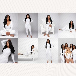 May include: A collection of eight images featuring women in white outfits. The women are in various poses, some seated, some standing, and some reclining. The outfits appear to be a matching set of long-sleeved tops and pants. The background is a light gray with subtle white lines.