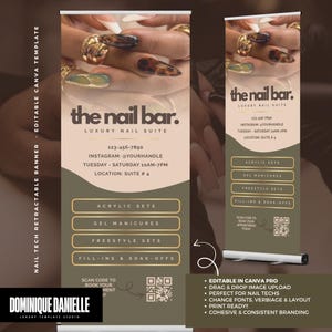 Puede incluir: Un banner retráctil para un salón de uñas, con el texto "the nail bar." y detalles de los servicios. El banner incluye un código QR para reservar citas y una lista de servicios: sets de acrílico, manicuras de gel, sets de estilo libre y rellenos y remojo.