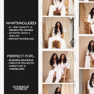 Puede incluir: Anuncio de producto digital con un collage de im&aacute;genes. El texto incluye "WHAT'S INCLUDED!" y "PERFECT FOR..." detallando im&aacute;genes generadas por IA de alta calidad, una proporci&oacute;n de 4:5 y descarga instant&aacute;nea. Las im&aacute;genes muestran modelos con trajes blancos.
