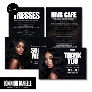 Modelo de cartão de agradecimento para cabelo, design misto e combinado, cartão de preços e cuidados posteriores com o cabelo, folheto editável de luxo, modelo de agradecimento faça você mesmo para Canva