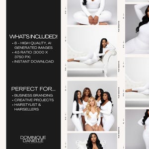 May include: A promotional image featuring a collage of photos. The images showcase women in white outfits. Text on the left side reads "WHAT'S INCLUDED!" and "PERFECT FOR..." with details about the product and its uses. The brand name "DOMINIQUE DANIELLE" is also visible.