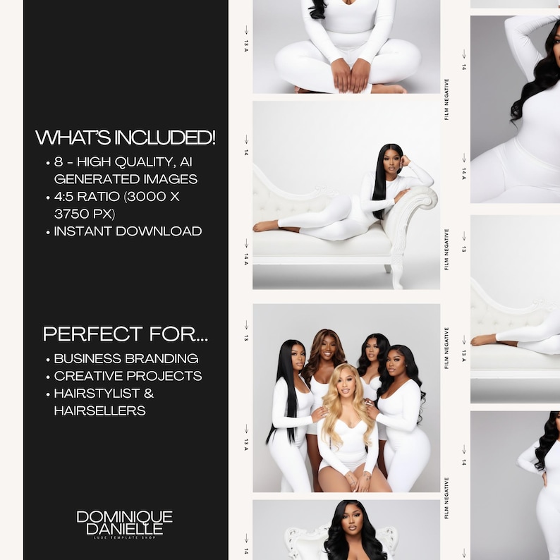 May include: A promotional image featuring a collage of photos. The images showcase women in white outfits. Text on the left side reads "WHAT'S INCLUDED!" and "PERFECT FOR..." with details about the product and its uses. The brand name "DOMINIQUE DANIELLE" is also visible.