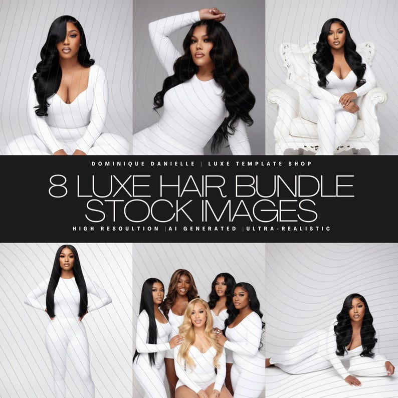 May include: A composite image featuring eight different poses of women with long, wavy black hair. They are wearing white jumpsuits with thin, vertical stripes. The text "8 LUXE HAIR BUNDLE STOCK IMAGES" is displayed.