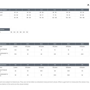 May include: A white chart with black text detailing kids' t-shirt measurements. The chart includes chest and height measurements in inches and centimeters, along with international size conversions. The text "KIDS TSHIRTS" is vertically aligned on the right.