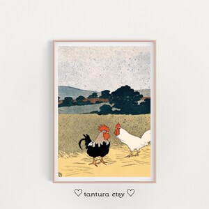 two roosters japanese. aesthetic print. trendy poster. boho. vintage print. modern art print. printable wall art home decor. digital print
