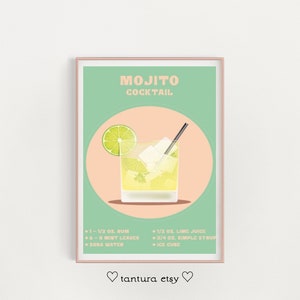 mojito. wydruk pop-art. plakat z wózkiem barowym. wydruk vintage. wydruk sztuki nowoczesnej. połowa wieku. sztuka ścienna do druku. wystrój domu. wydruk sztuki cyfrowej