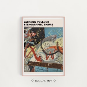 Könnte beinhalten: Ein Poster mit einem abstrakten Gemälde von Jackson Pollock mit dem Titel "Stenographic Figure". Das Gemälde ist eine Mischung aus Schwarz, Weiß, Rot, Gelb und Blau mit kräftigen Linien und Formen.