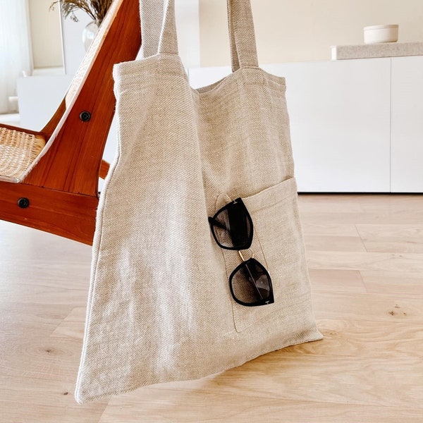 Linen tote bag with front pockets, linen shopping bag with pockets, linen market bag, reusable grocery bag, tote bag linen bag