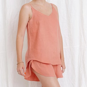 Linen pajama set women: linen top and linen shorts. Linen clothing for women, linen lounge and sleepwear. Linen pjs set womens clothing set