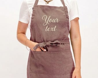 Custom Embroidered Linen Apron – Adjustable Personalized Apron with pockets