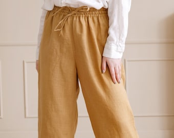 Linnen loungebroek: damesbroek met elastische taille en strikbandjes