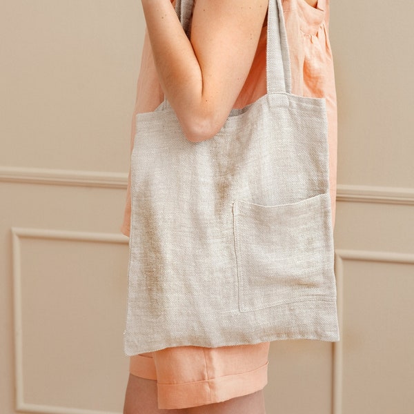 Linen tote bag with pockets - linen shopping bag - linen market bag - reusable grocery bag - linen produce bag - linen beach bag