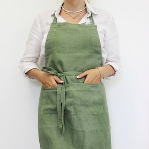 Adjustable Linen Apron with Pockets for Women Stylish and Functional Cooking and Baking Apron Womens Linen Apron with Adjustable Strap Green