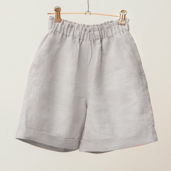 Women's Elastic Waist Linen Shorts with Ties. Linen summer shorts. Linen Shorts without Pockets. Beach Lounge Shorts