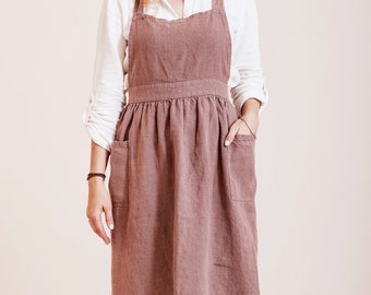 Delantal de lino para mujer, vestido de delantal de lino con bolsillos, delantal de cocina para mujer, delantal de jardín para mujer, delantal de granja, delantal de pinafore