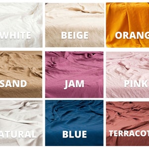 Op de afbeelding: Negen stofstalen in verschillende kleuren, waaronder wit, beige, oranje, zand, jam, roze, naturel, blauw en terracotta.