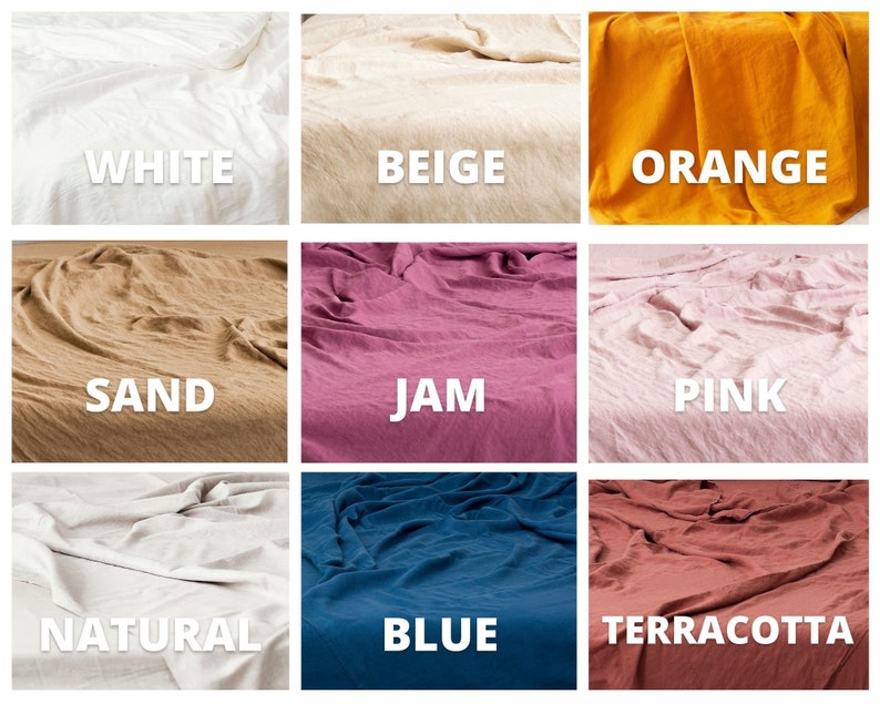 Op de afbeelding: Negen stofstalen in verschillende kleuren, waaronder wit, beige, oranje, zand, jam, roze, naturel, blauw en terracotta.