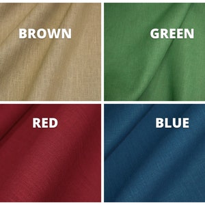 May include: Four fabric swatches in different colors: brown, green, red, and blue. The fabric has a linen texture.
