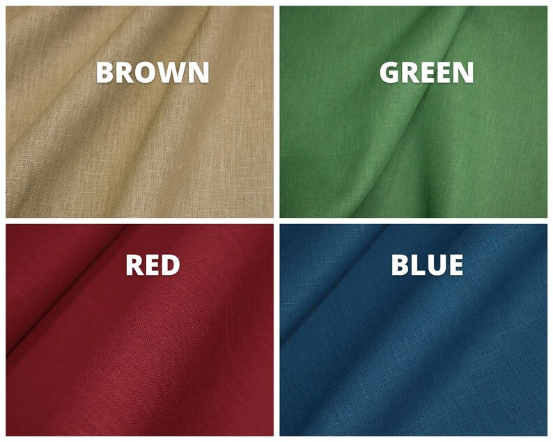 May include: Four fabric swatches in different colors: brown, green, red, and blue. The fabric has a linen texture.