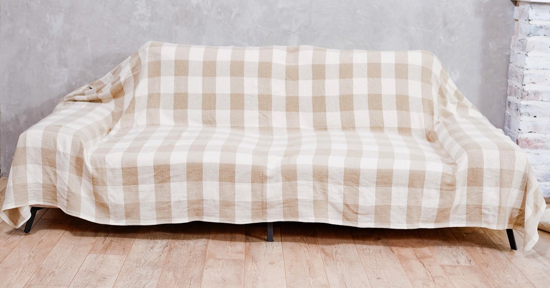 Checkered Linen Bedspread: Queen Size Throw Blanket, Stonewashed 380 ...