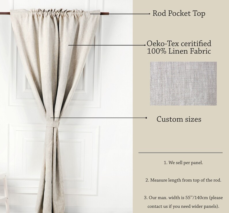 May include: A beige linen curtain panel with a rod pocket top. The fabric is Oeko-Tex certified and 100% linen. The curtain is shown hanging on a white wall. The text "Custom sizes" is visible below the fabric swatch. The text "We sell per panel." is visible below the text "Custom sizes". The text "Measure length from top of the rod." is visible below the text "We sell per panel". The text "Our max. width is 55"/140cm (please contact us if you need wider panels)." is visible below the text "Measure length from top of the rod."