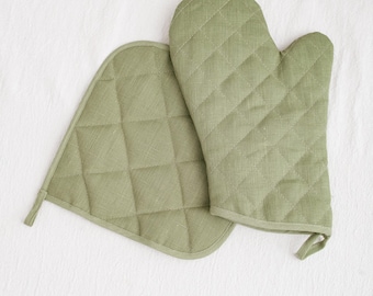 Quilted Linen Oven Mitt & Pot Holder Set: Heat Resistant Kitchen Essentials