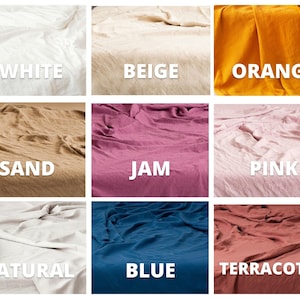 May include: Nine fabric swatches in different colors, including white, beige, orange, sand, jam, pink, natural, blue, and terracotta.